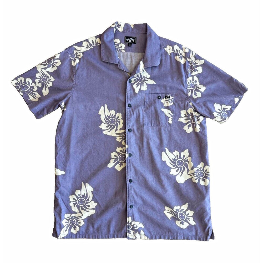 Billabong Shirt Mens L Purple White Floral Hawaiian Button Front Short Sleeve